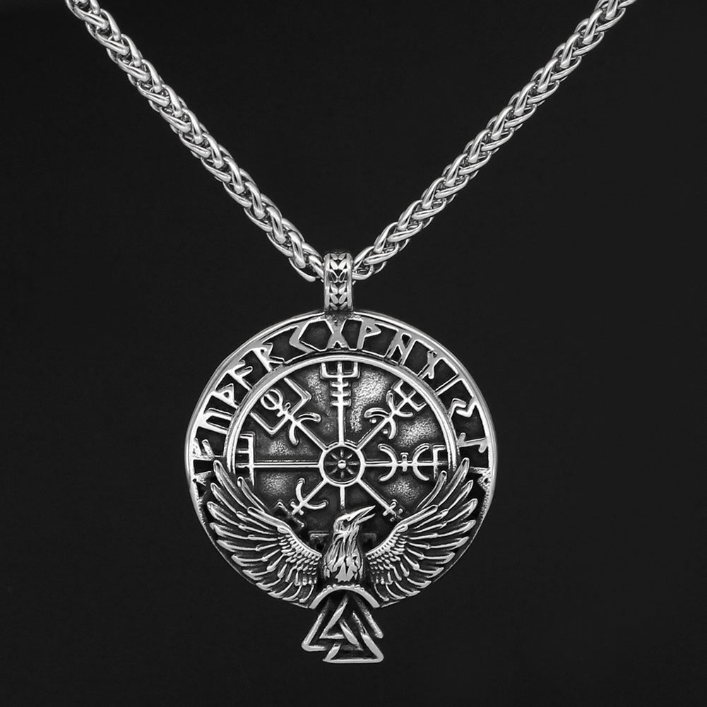 Stainless Steel Viking Rune Triangle Raven Compass Necklace