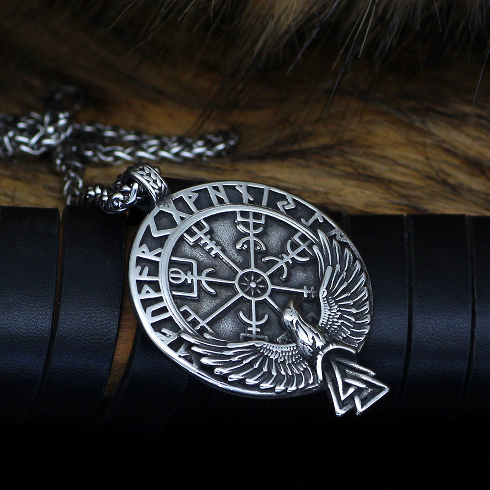 Stainless Steel Viking Rune Triangle Raven Compass Necklace