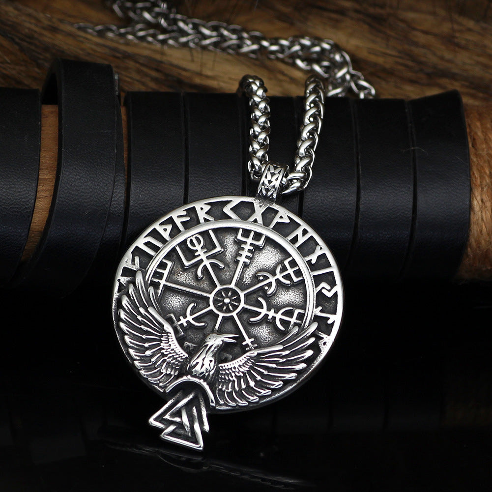 Stainless Steel Viking Rune Triangle Raven Compass Necklace