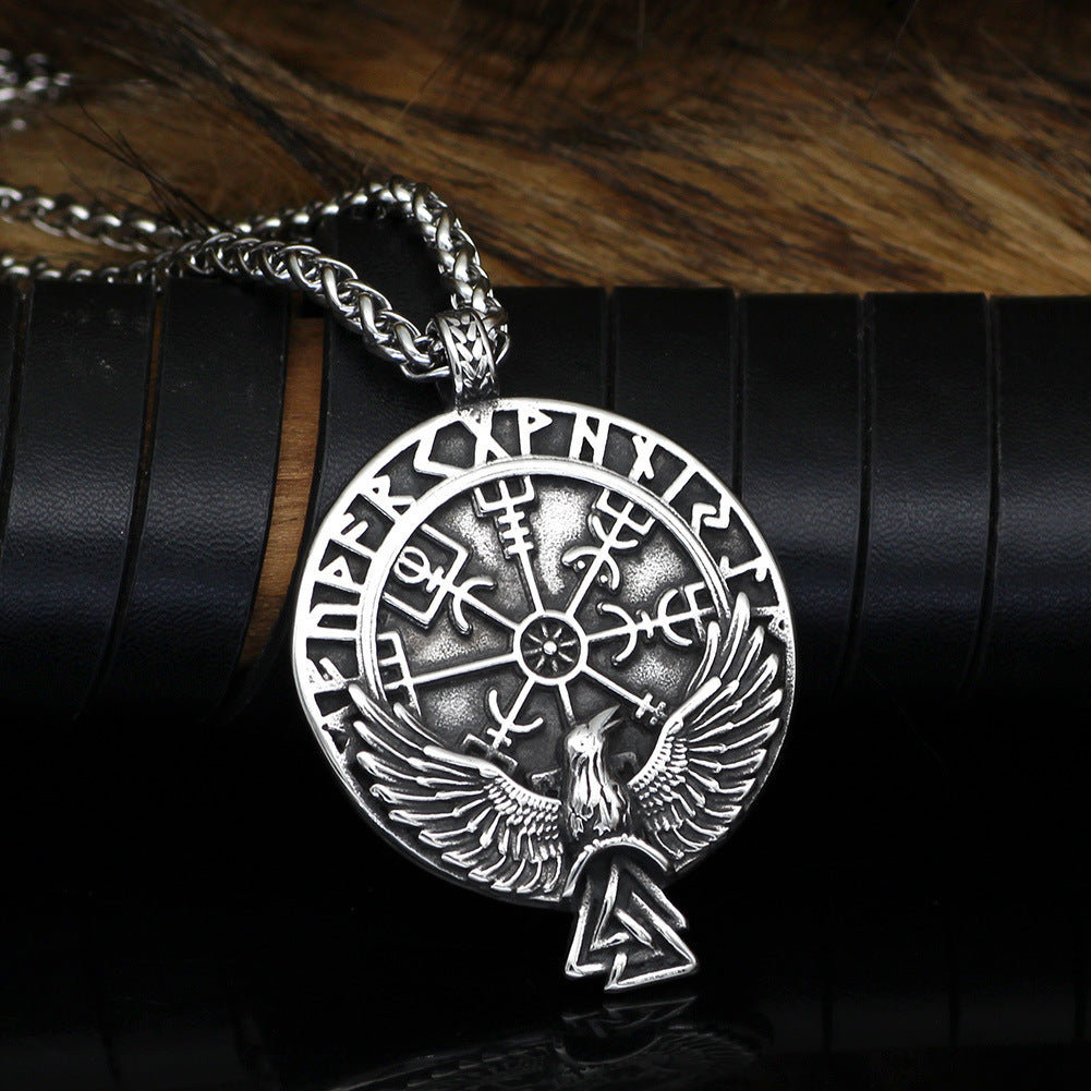 Stainless Steel Viking Rune Triangle Raven Compass Necklace